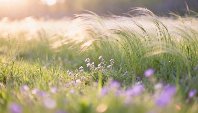 Golden-hour meadow with purple wildflowers, swaying foxtail grass, soft backlight bokeh