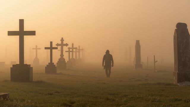 Hooded figure walking through foggy cemetery at dawn with stone cross silhouettes