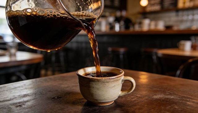 Pouring brewed coffee from glass carafe into ceramic cup on worn wooden table in cozy cafe