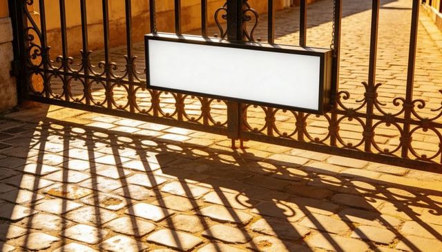 Wrought-iron gate casting long shadows with illuminated sign on sunlit cobblestone entrance