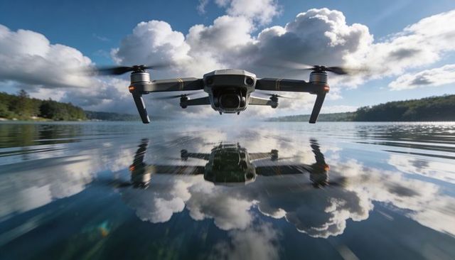 Hovering camera drone capturing mirrored reflection on calm lake with dramatic clouds