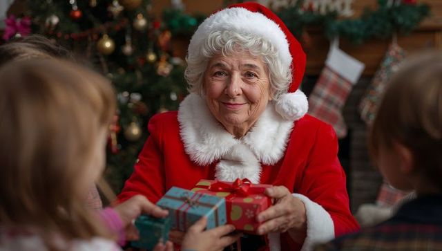Festive Senior in Santa Suit Giving Gifts in Cozy Living Room