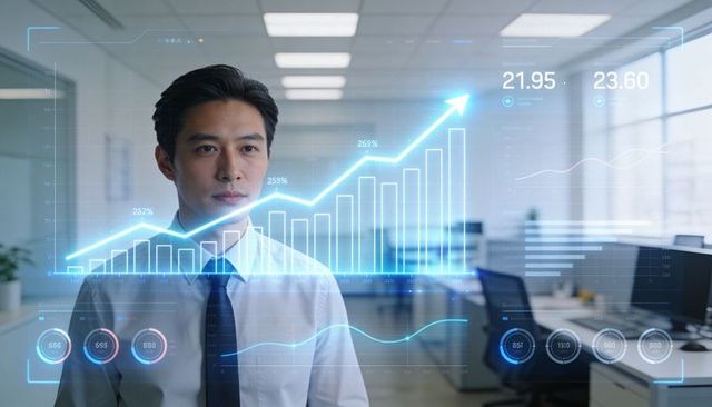 Businessman analyzing holographic growth chart and data dashboard for modern office trends
