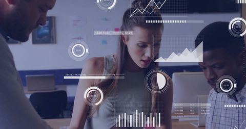 business team analyzing data with interactive infographics - Download Free Stock Images Pikwizard.com