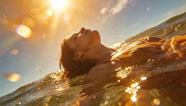 Woman floating in sunlit ocean at golden hour, relaxed backlit bokeh and warm reflection