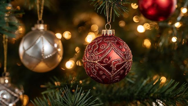 Elegant Holiday Ornaments on Christmas Tree with Warm Lights