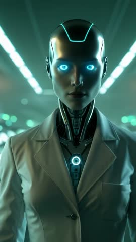 Vertical video: Android doctor initiating scan, pulsing neon circuits in corridor