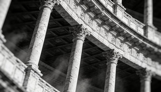 Curved corinthian colonnade showing ornate entablature and weathered marble in monochrome