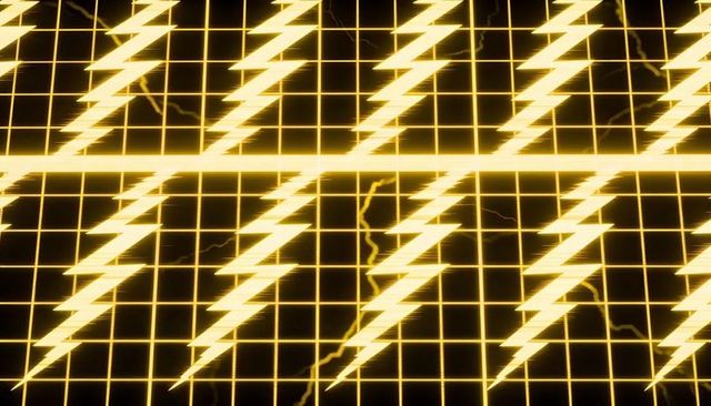 Glowing yellow lightning bolt grid on neon led panel with electric arc highlights