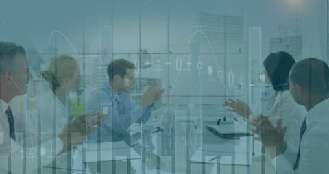 Diverse Business Team Meeting with Financial Data Overlay