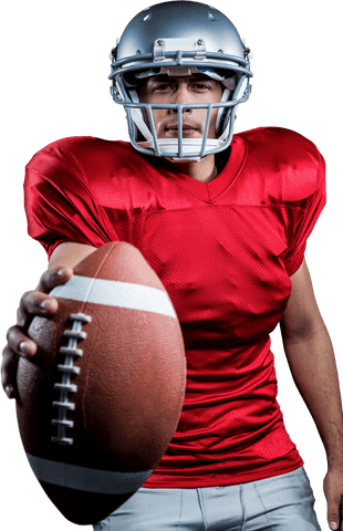 Transparent american football player holding ball in red uniform