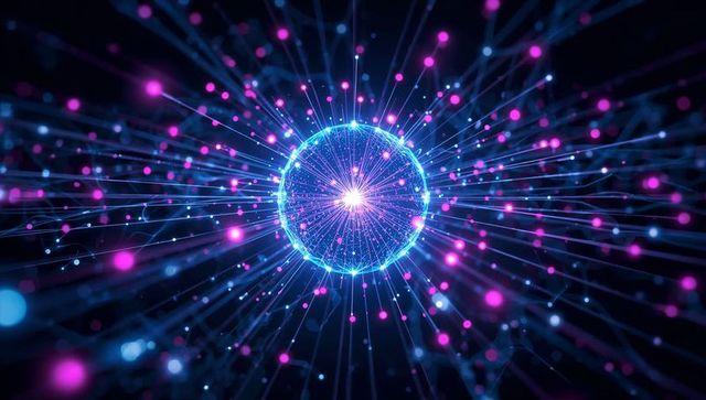 Neon network orb emitting radiant filaments and particle mesh core for ai data visualization