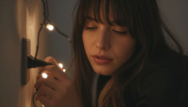 Woman plugging fairy lights into wall outlet creating warm cozy glow intimate closeup
