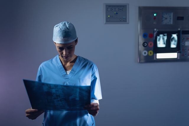 Female surgeon examining x-ray in operating room at hospital