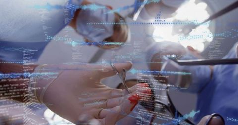 Surgeons performing precise hand surgery with digital overlays and team coordination