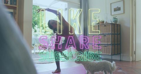 Woman Exercising at Home with Social Media Message Overlay