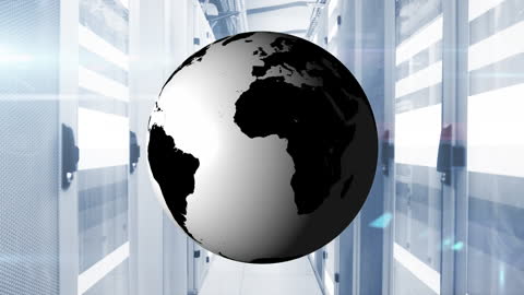 Futuristic Digital Globe Overlaying Data Center Servers