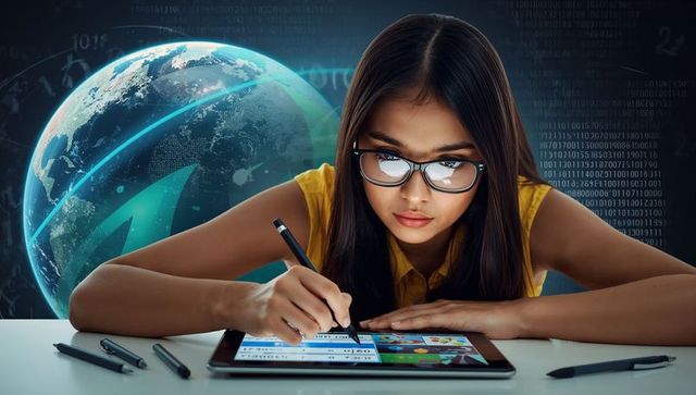 Futuristic Student Using Tablet with AI and Digital Technology Concept