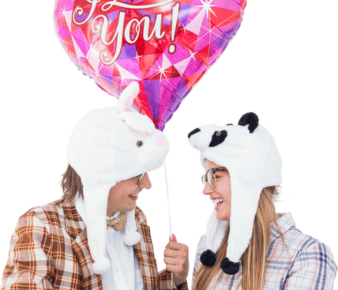 Geeky couple wearing hats transparent with heart balloon