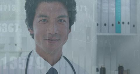Smiling Asian Doctor with Analytics Overlay in Hospital