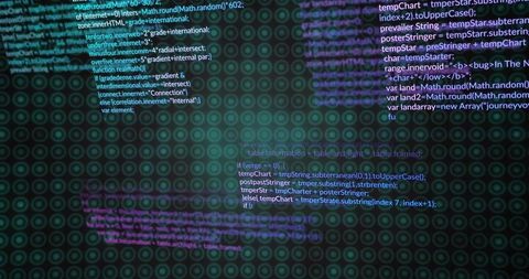 Displaying floating neon code blocks over teal concentric grid with digital glow