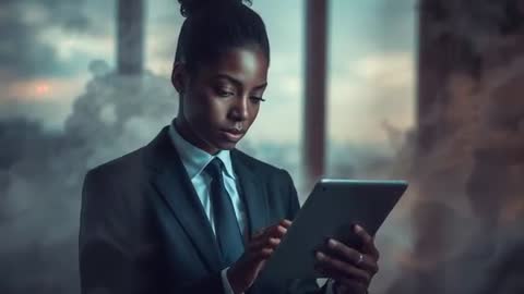 Female Executive Analyzing Data on Tablet in High-Rise Office