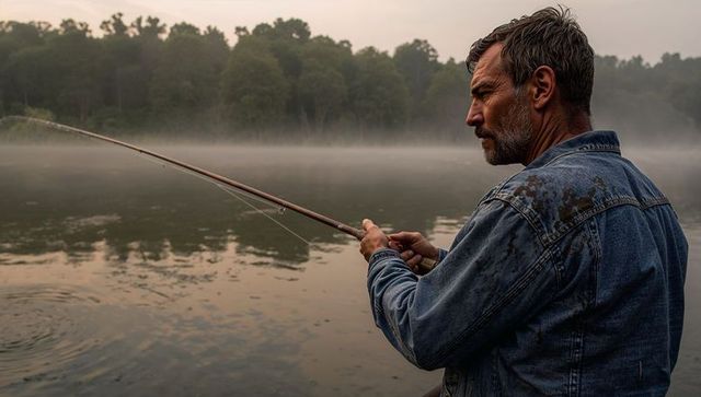 Mature angler casting rod on misty river at dawn, solitude and tranquil outdoors