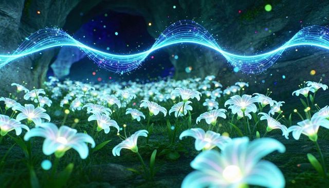 Glowing bioluminescent lily meadow lighting mystic cave with neon blue waveform and orbs