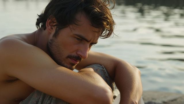 Sitting shirtless man hugging knees at lakeside during golden hour