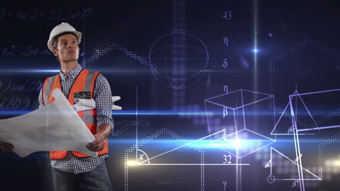Engineer Analyzing Schematics with Digital Math Overlay