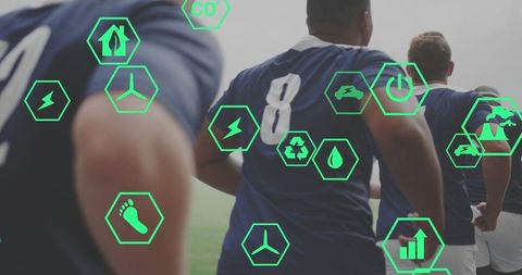 Athlete team running on grass with green hex icons, training fitness and eco performance
