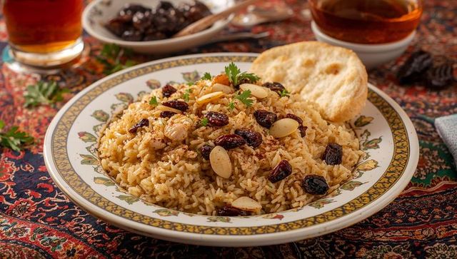 Saffron spiced almond and raisin rice pilaf with flatbread on ornate persian textile
