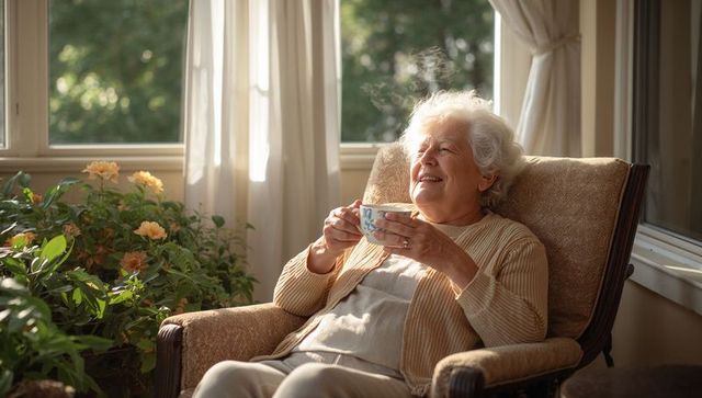 Smiling senior woman enjoying steaming cup of tea by sunlit window with flowering plants