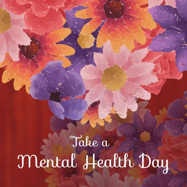 Take a mental health day text banner against colorful floral design on red background. Mental health day awareness concept