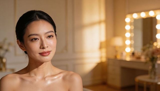 Asian woman with glowing skin at vanity mirror in warm golden light, beauty portrait