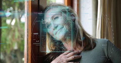 Leaning mature woman pressing against wooden window with holographic interface overlay
