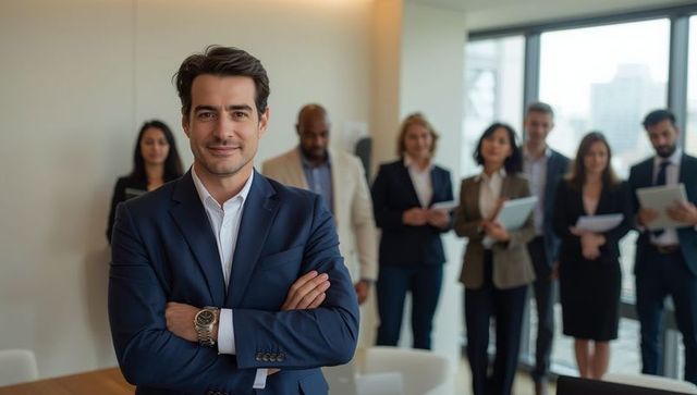 Confident Business Leader with Team in Modern Office Environment