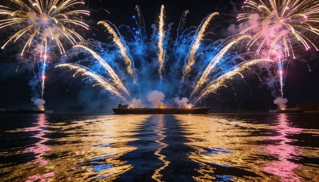 Night fireworks illuminating cargo ship silhouette with golden and blue water reflections