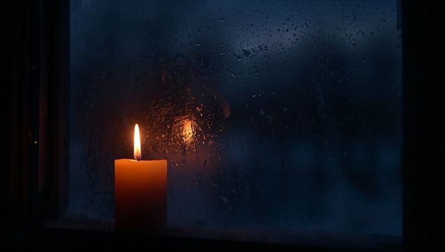 Candlelight Reflections on Rainy Night at Window