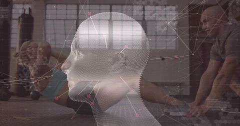 3D Wireframe Head Analyzing Gym Workout with Coach Consultation