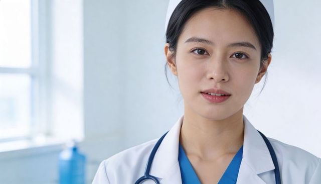 Standing nurse wearing white lab coat, blue scrubs and stethoscope by clinic window