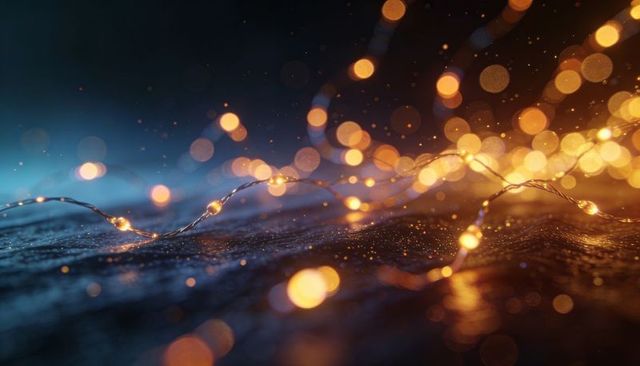Glowing LED Fairy Lights Draped on Dark Fabric with Amber Bokeh and Blue Accent