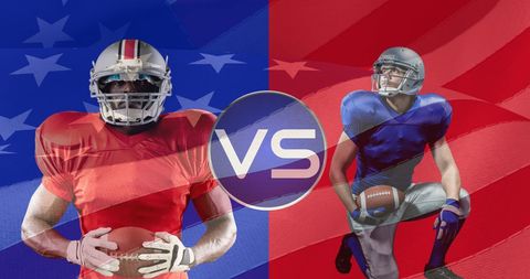American Football Players Facing Off with Red and Blue Background