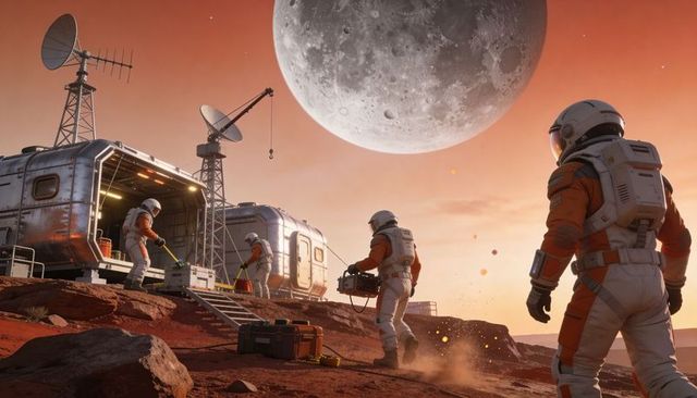 Mars Habitat Repair Crew in Orange EVA Suits Servicing Modular Base Beneath Giant Moon