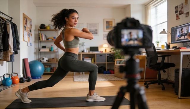 Home fitness instructor filming dynamic forward lunge workout in bright living space