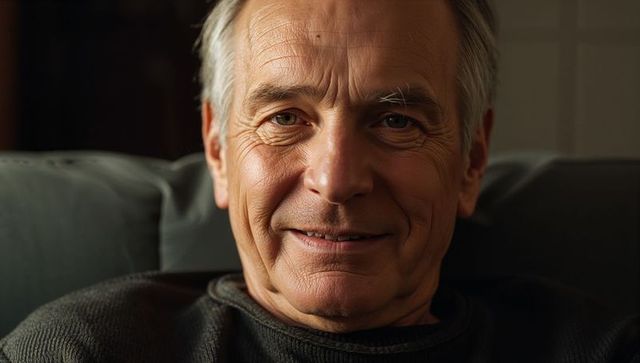 Senior man smiling softly while relaxing on sofa close-up warm intimate portrait calm home