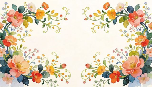 Framing watercolor floral corner clusters curling into vintage cream invitation border