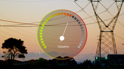 Speed Gauge Overlay on Power Lines at Sunset