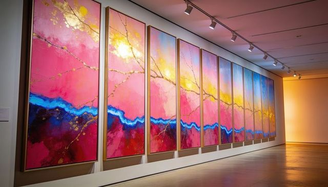 Vibrant magenta gold multi-panel abstract artwork displayed in modern gallery corridor