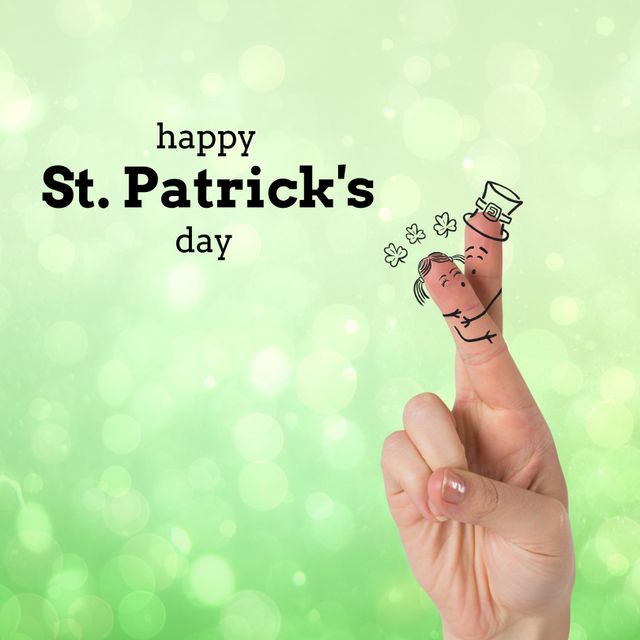 Finger art featuring a playful leprechaun character on a green background, perfect for festive St. Patrick's Day invitations, social media posts, and holiday greetings. Adds a whimsical and cheerful touch to any St. Patrick's Day celebration.